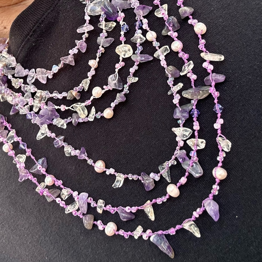 Amethyst, pearl cascading, tiered, necklace, - Picture 6 of 11